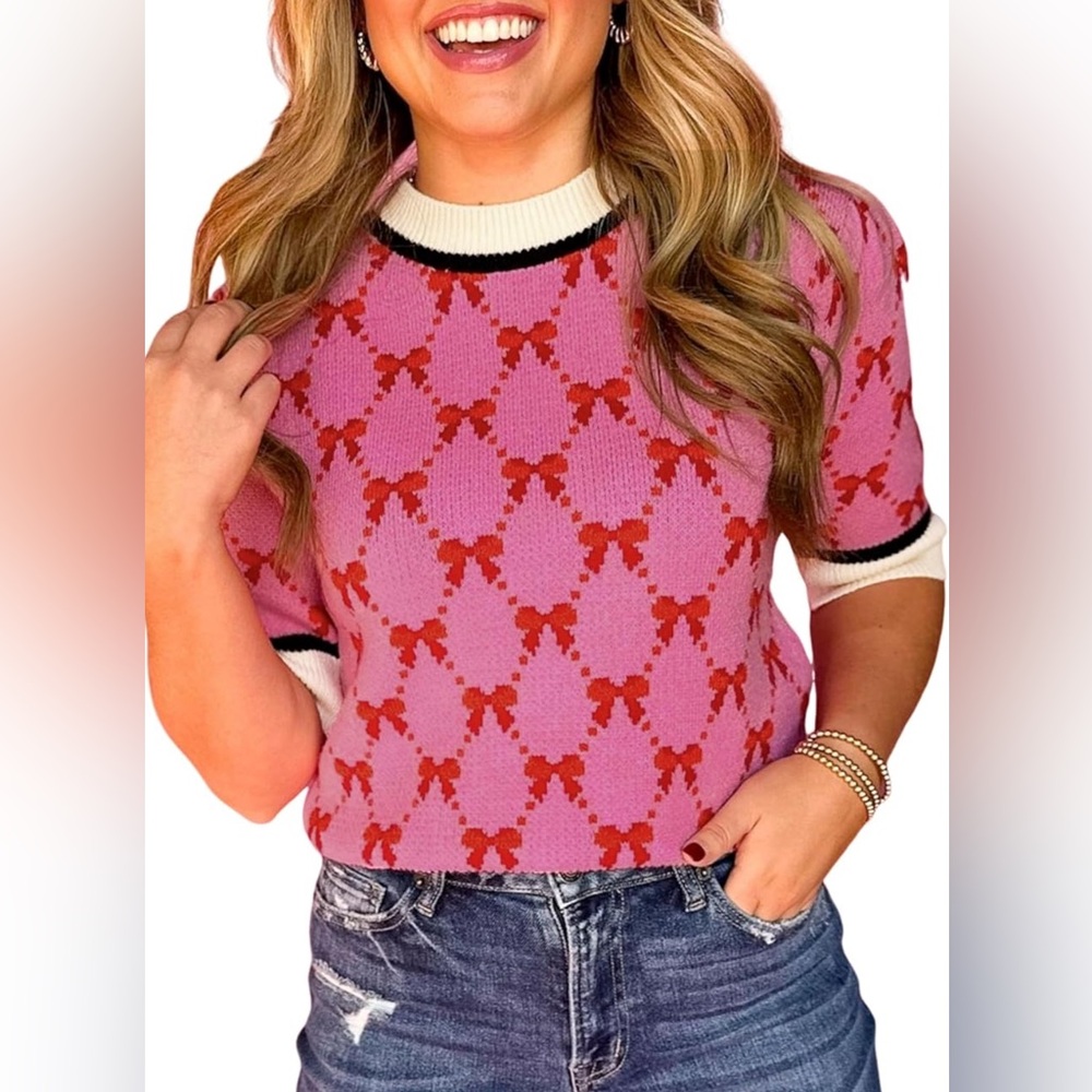 Short Sleeve Bow Print Sweater 🎀